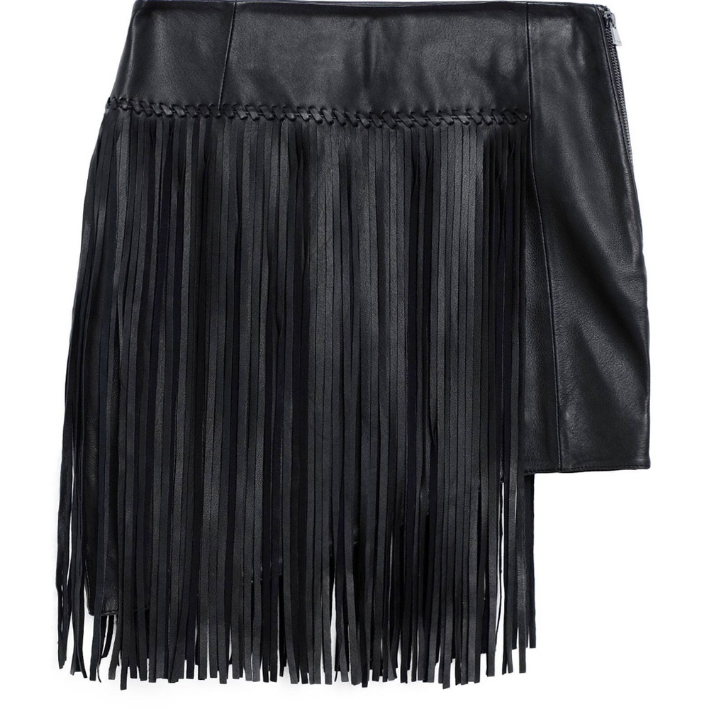 Pinko Black Leather Fringe Mini Skirt